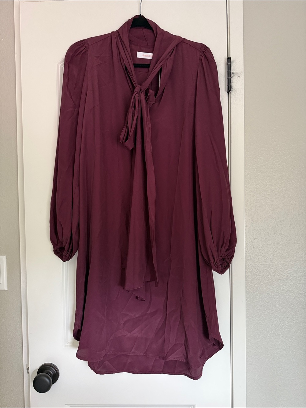 See By Chloé Burgundy Tie-Neck Long-Sleeve Dress